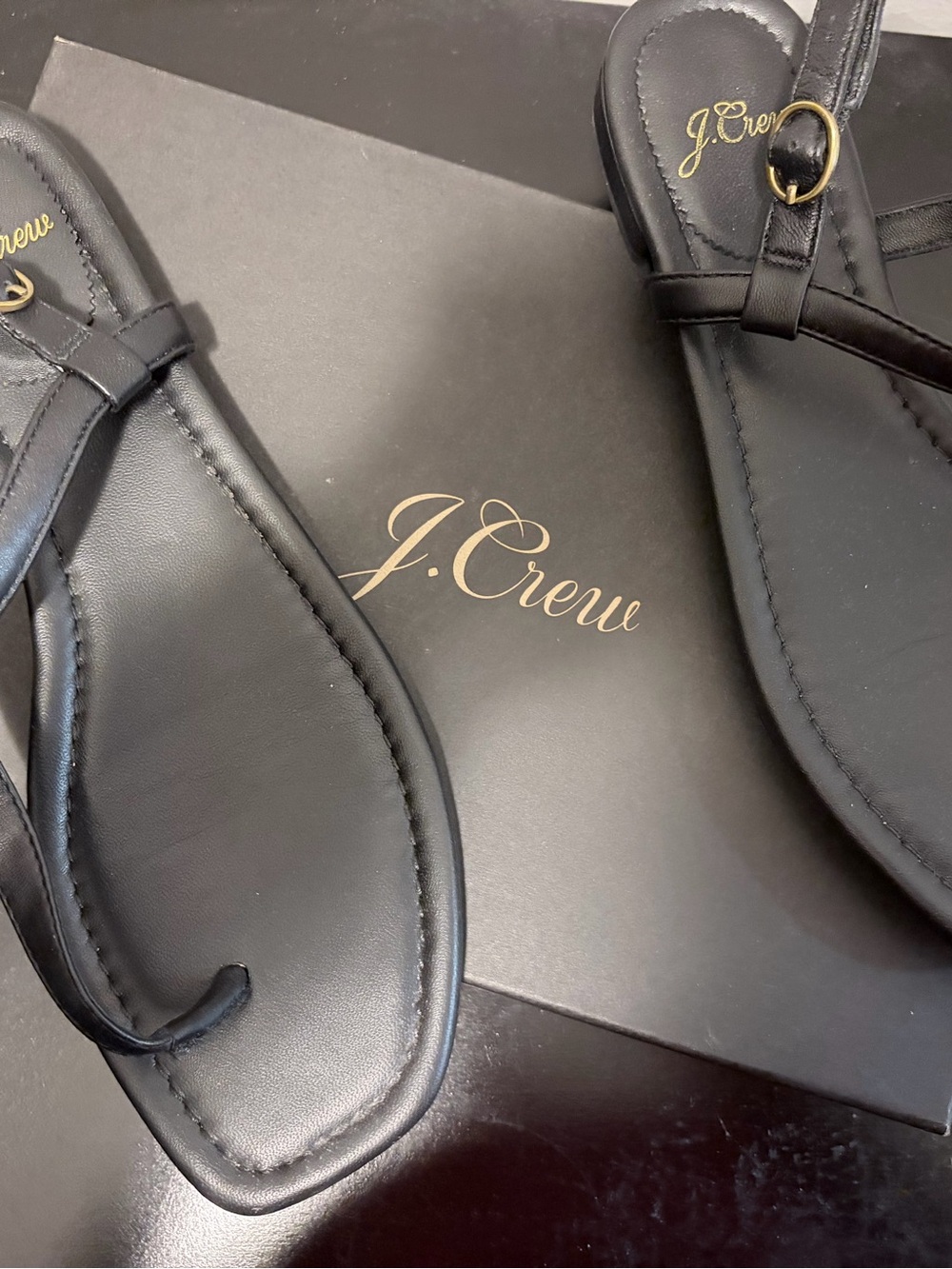 J. Crew Black Leather Toe-Ring Sandals with Gold Buckle Accent